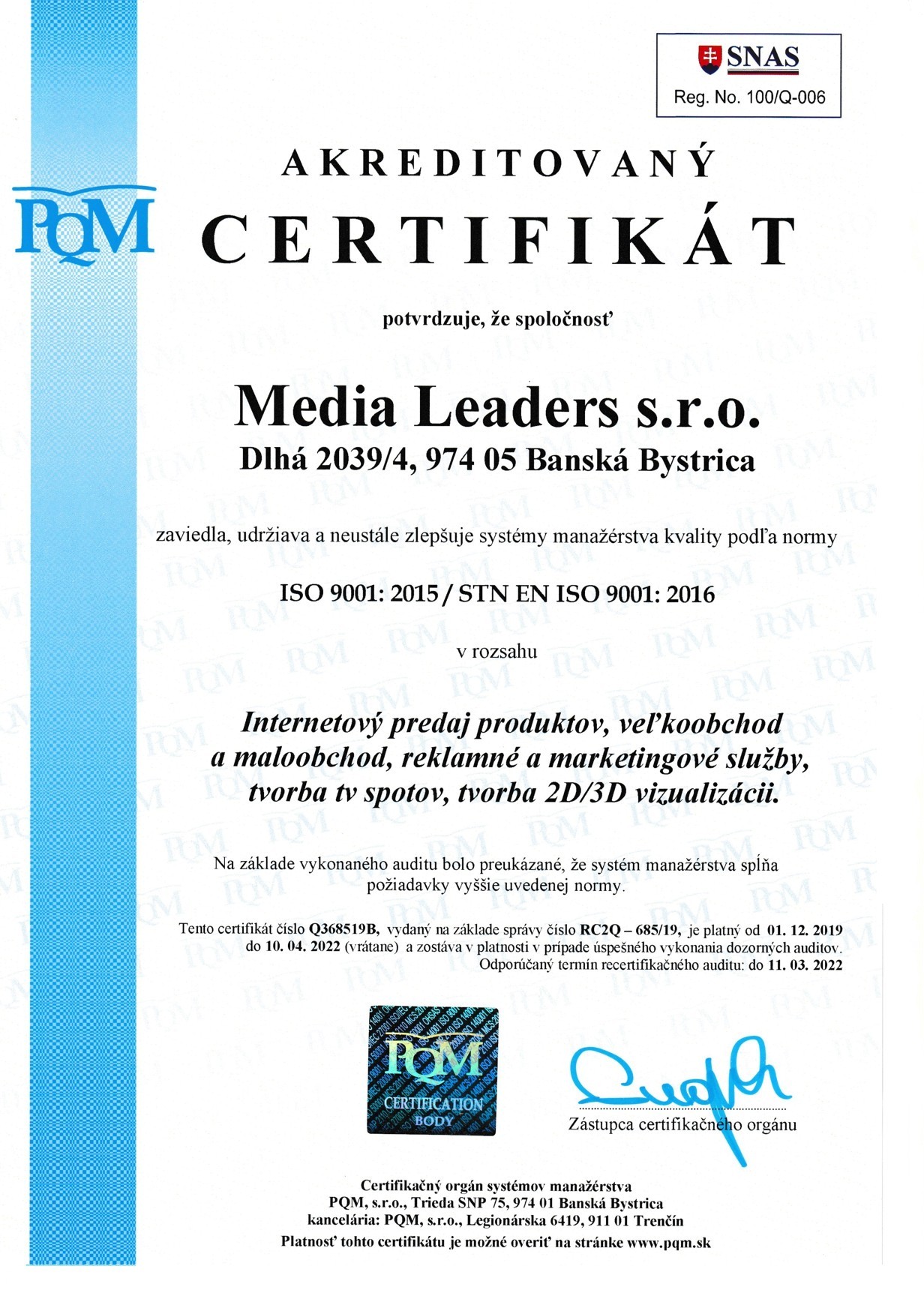 сертифікат ISO 9001 media leaders sro