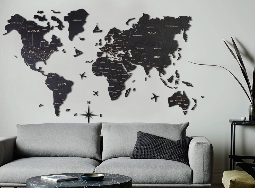 Карта світу подорожі на стіні колір чорний