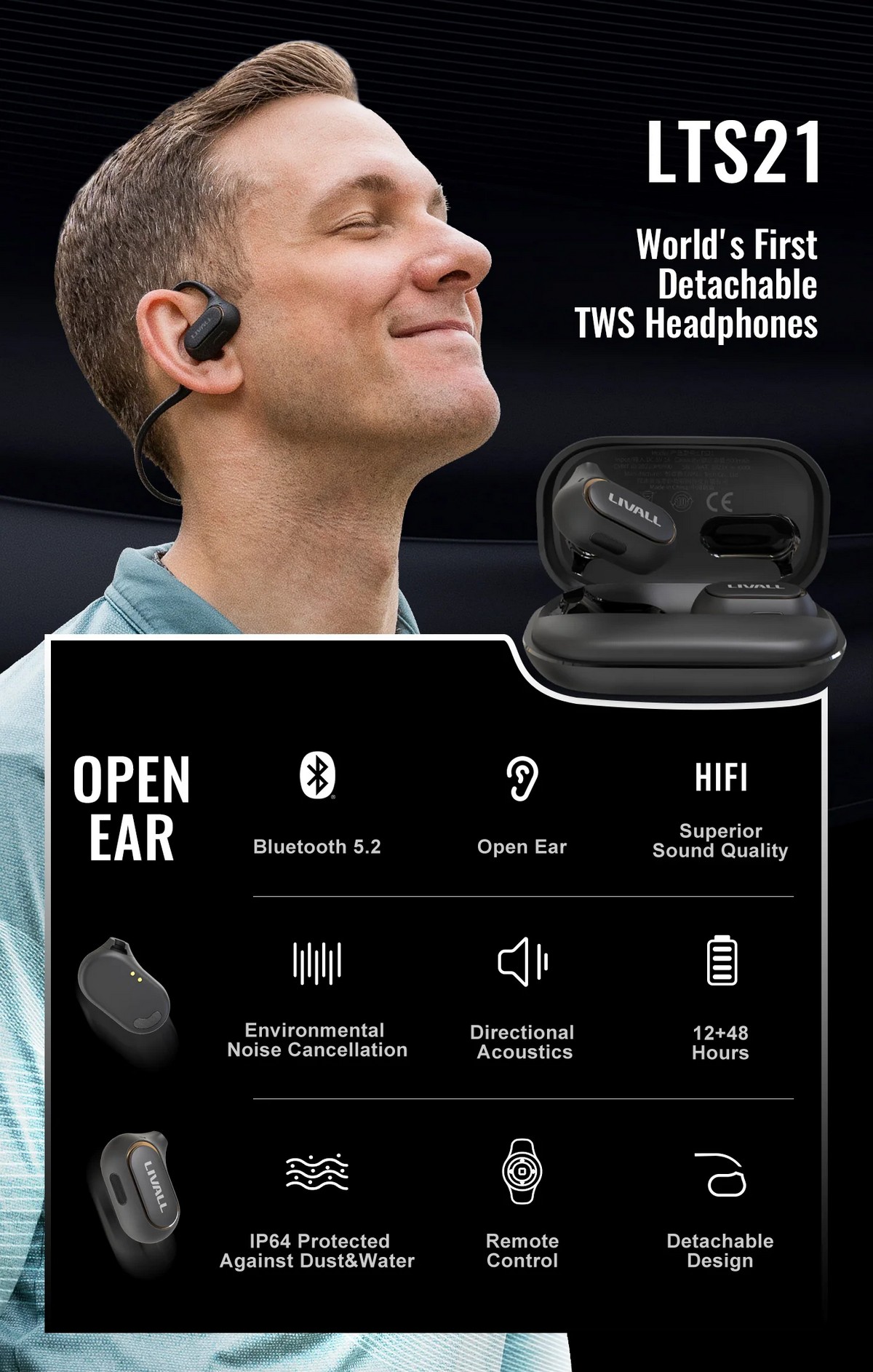 Спортивні бездротові навушники з bluetooth - знімна конструкція з відкритим вухом