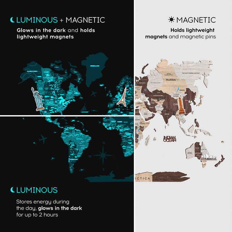 магнітні дерев'яні настінні карти 3d флуоресцентні