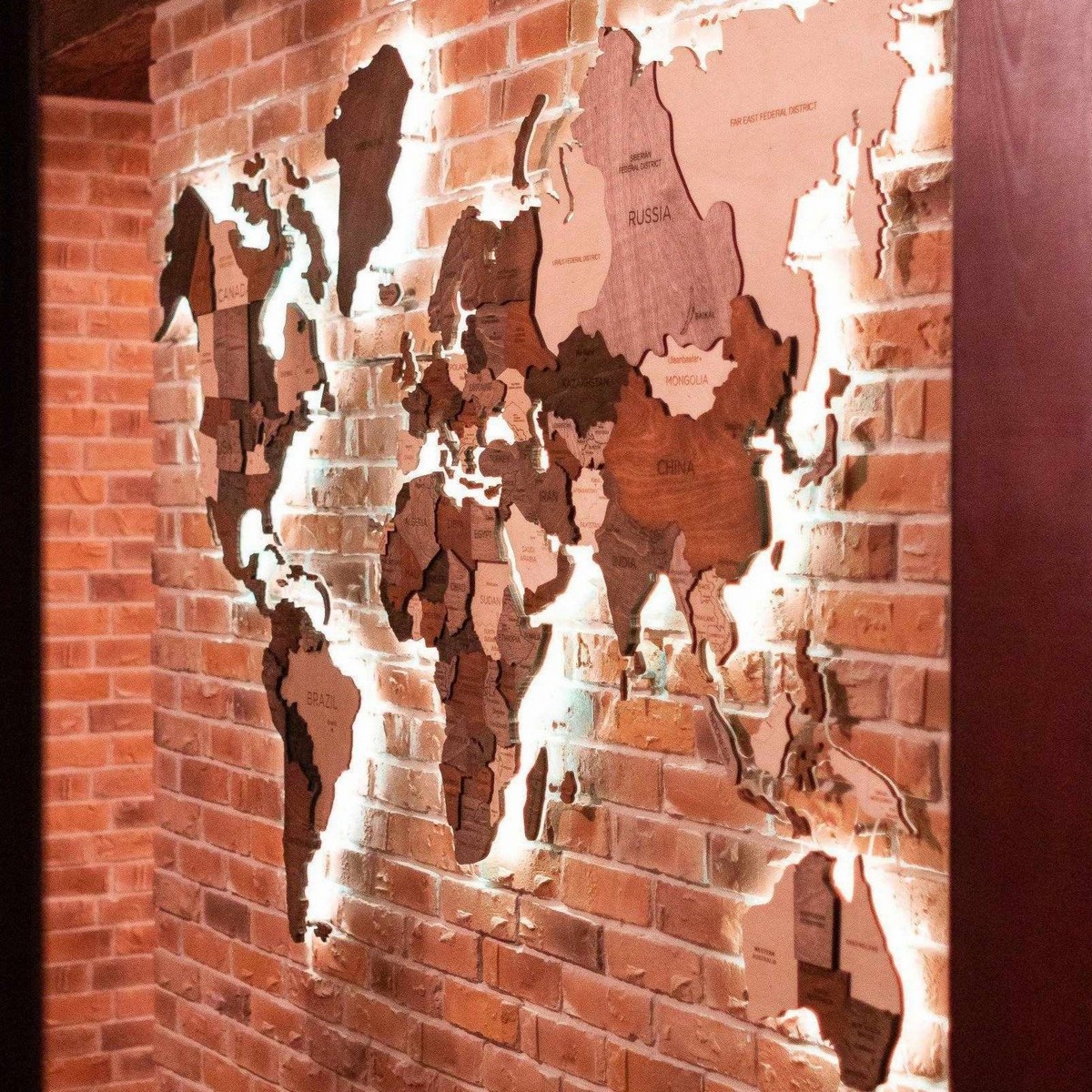 дерев'яна карта світу настінне мистецтво зі світлодіодним світлом