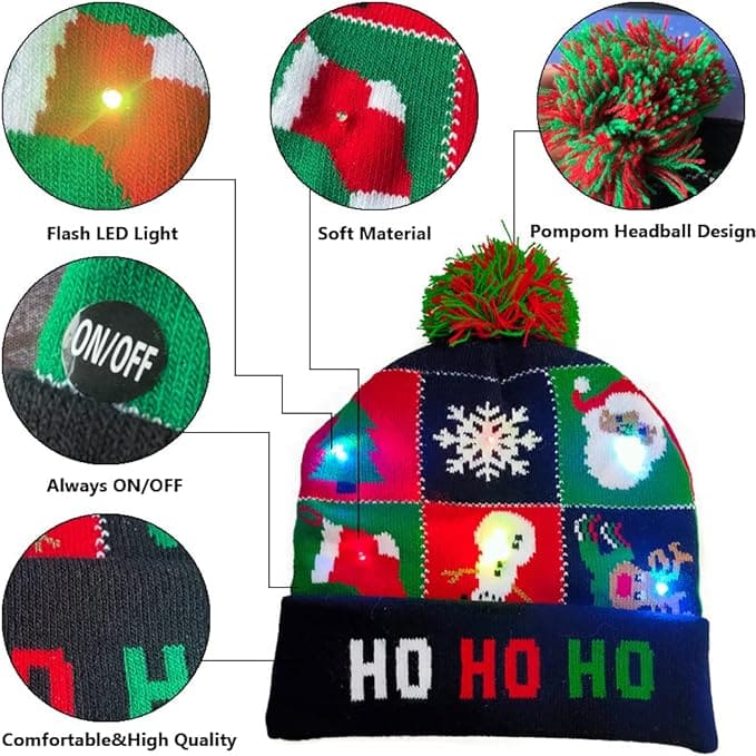 зимові шапки на різдво з помпоном і світяться світлодіодами