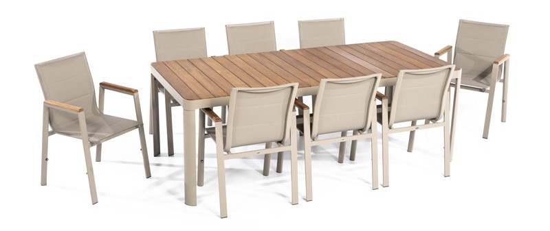 Великий садовий обідній стіл зі стільцями в розкішному дизайні.