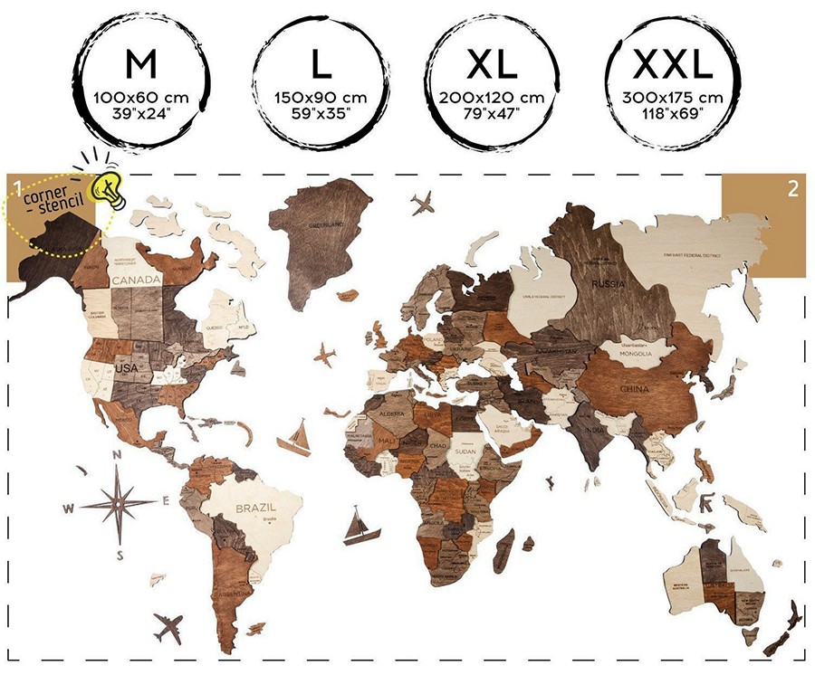 3D стіна карта світу розмір XL