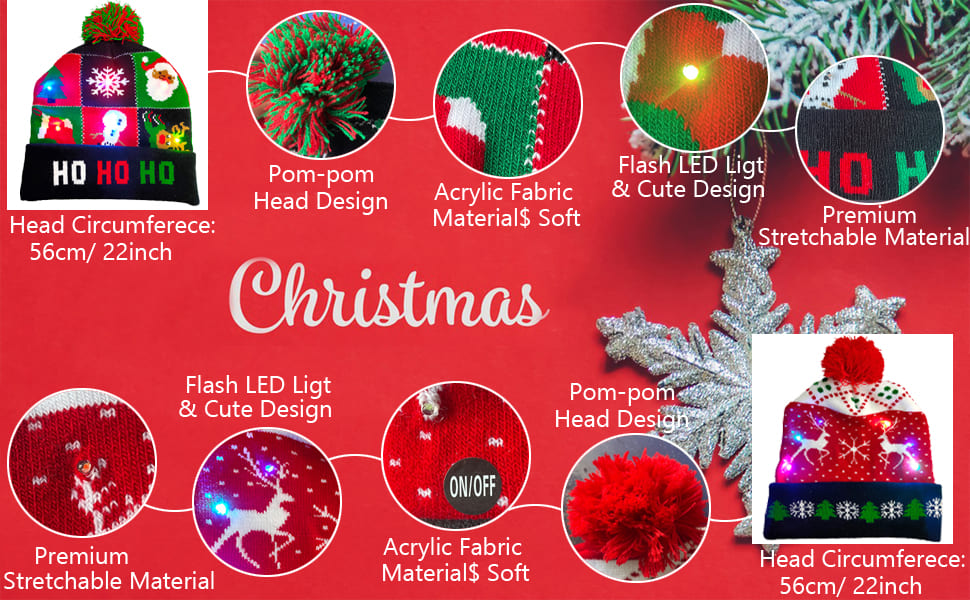 Шапочки на Різдво, шапочки на зиму, різні дизайни підсвічуються світлодіодами