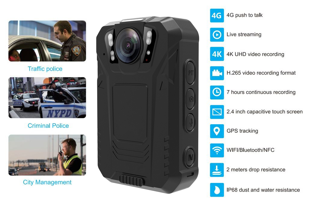 Поліцейська натільна камера 4G натільна камера wifi bluetooth PTT IP68 NFC